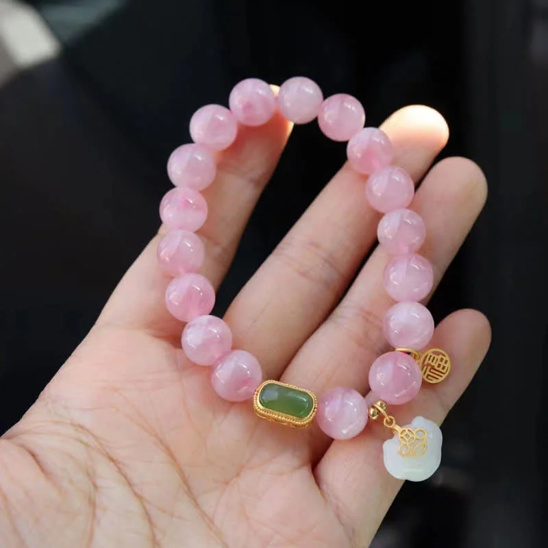 Natural Madagascar Rose Quartz Hetian Jade 925 Sterling Silver Wish Lock Peace Bracelet