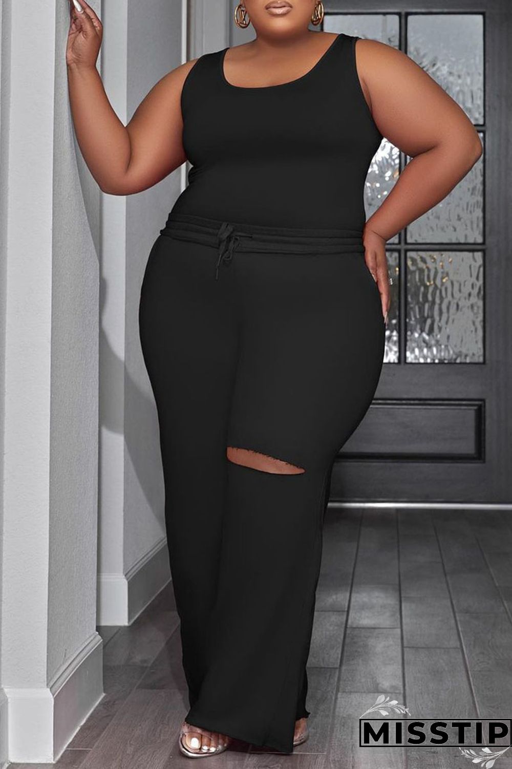 Deep Blue Casual Solid Hollowed Out Patchwork U Neck Plus Size Two Pieces