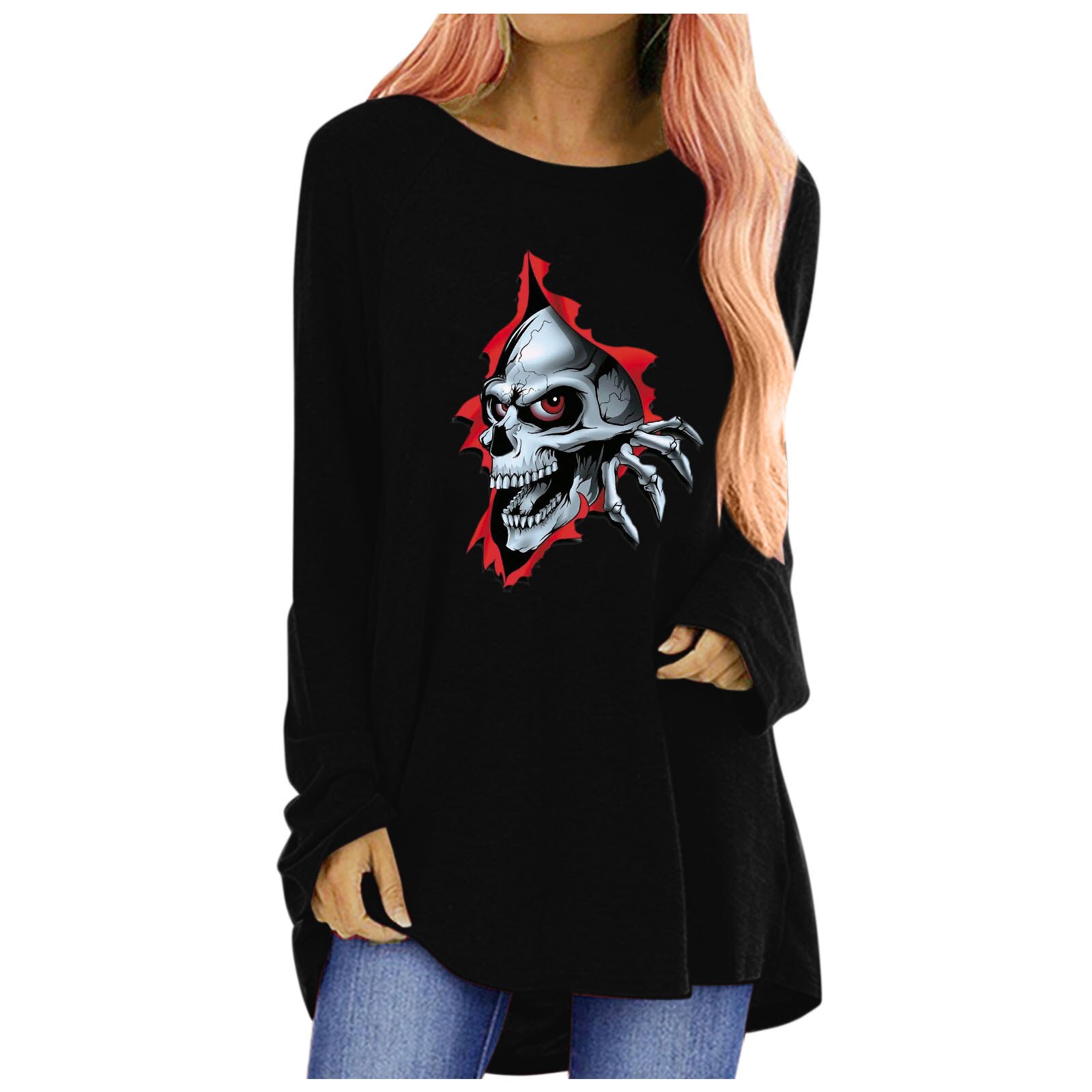 Women's Gothic Red-eye Skull T-shirt New Solid Color Lace Sexy Fashion Long-sleeved Autumn Casual Top