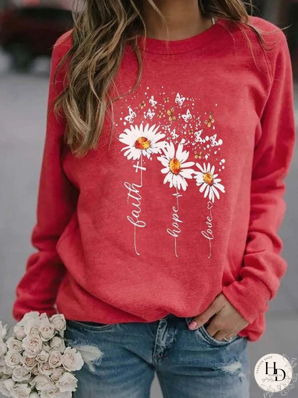 Women's Faith Daisy Color Printed Round Neck Comfortable Sports T-shirt Plus Size Casual Long Sleeve Cotton Tops Sweatshirt