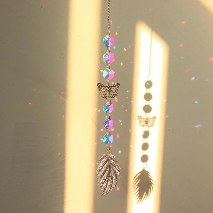 Crystal Windchime Ornament Feather Butterfly Hanging Pendant (Silver 15)