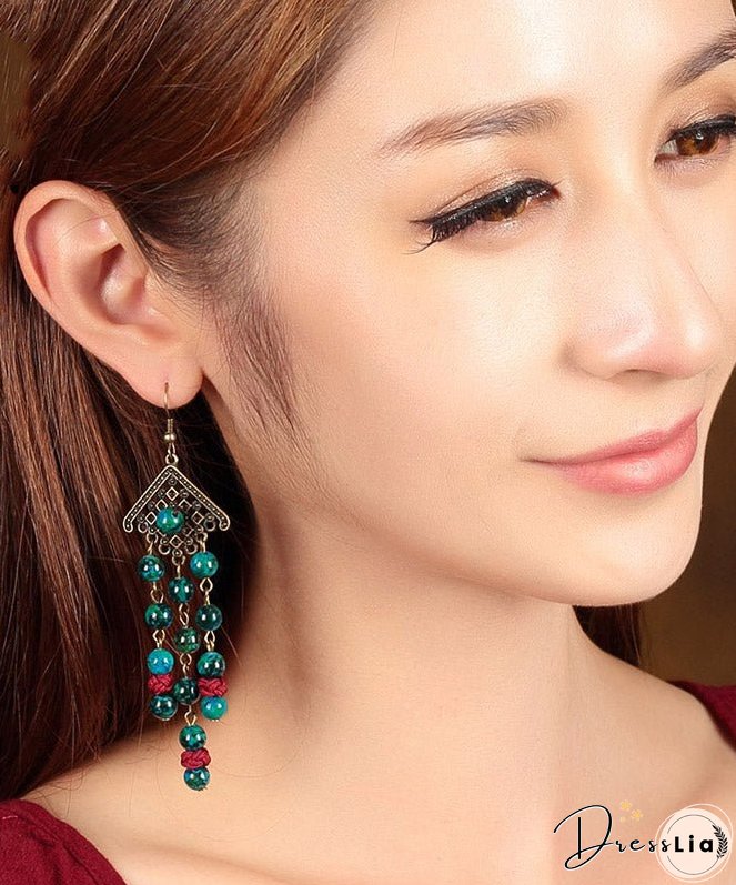 Women Green Sterling Silver Alloy Gem Stone Drop Earrings