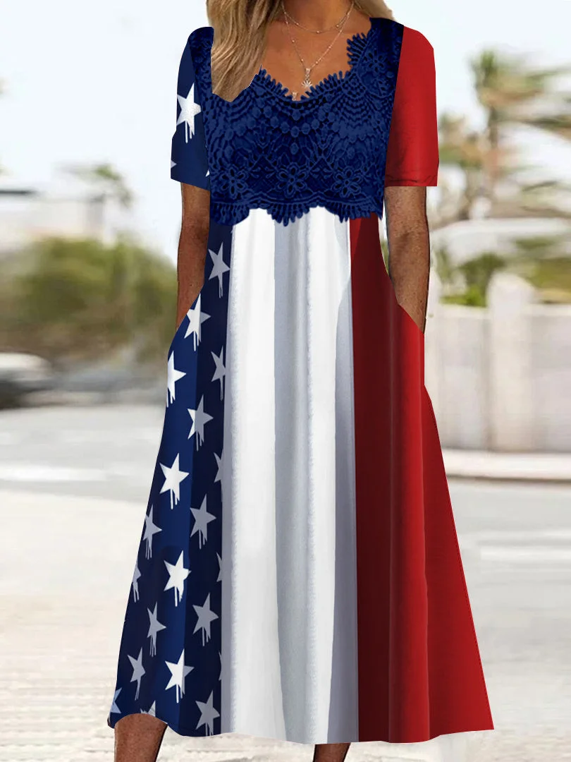 Women's Short Sleeve V-neck Independence Day Graphic Printed Lace Stitching Midi Dress