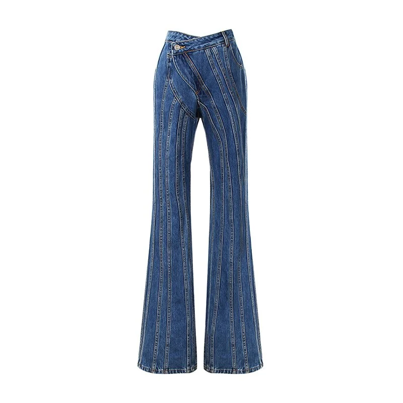 Cartoonh Striped Denim Flare Jeans For Women High Waist Casual Irregular Pants Female Fashion New Clothing 2022 Autumn