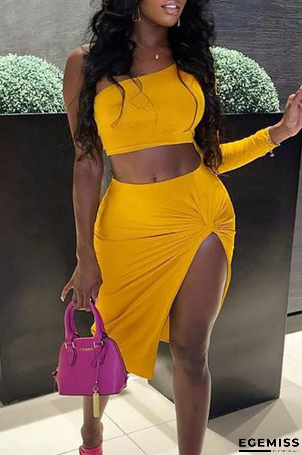 Yellow Sexy Casual Solid Backless Oblique Collar Long Sleeve Two Pieces | EGEMISS