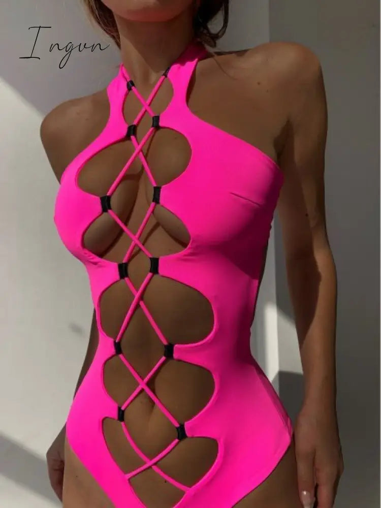 Ingvn - 2023 Sexy Solid Color Halter One Piece Swimsuit Women Push Up Hollow Out Bikini Swimwear