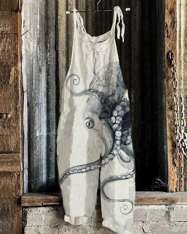Vintage Japanese Octopus Art Print Loose Jumpsuit