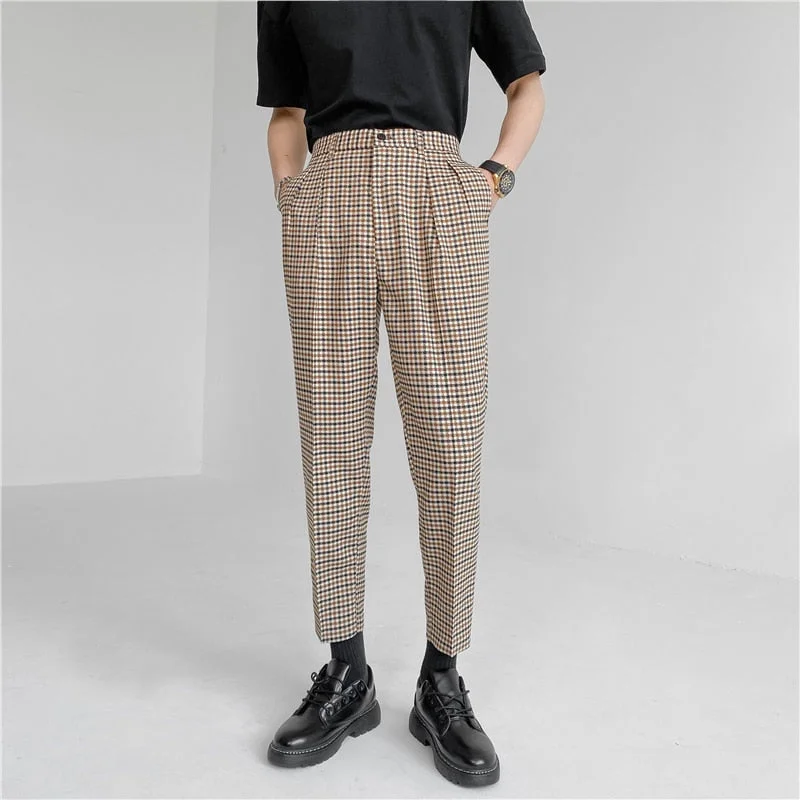 Woherb 2021 Summer Men's Casual Suit Pants Vintage Micro Plaid Trousers Male Regular Fit Elastic Waist Tapered Ankle Length Bottoms
