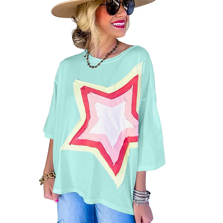 Moonlight Jade Colorblock Star Patched Half Sleeve Oversized 240333-05