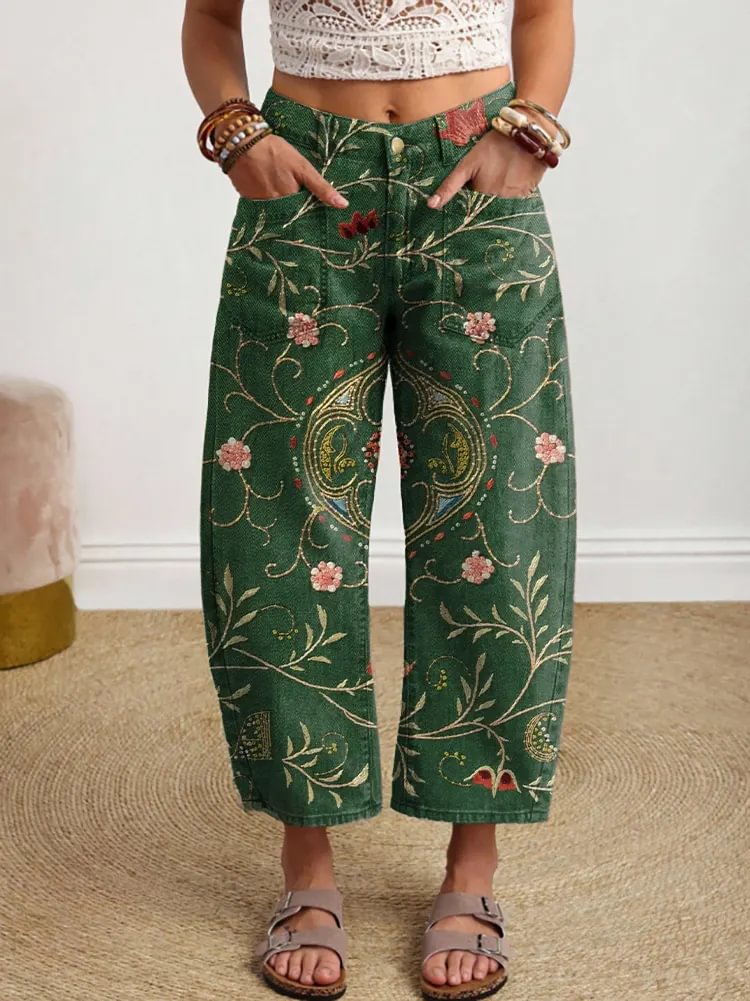 Women's Vintage Floral Print Art Denim Jeans