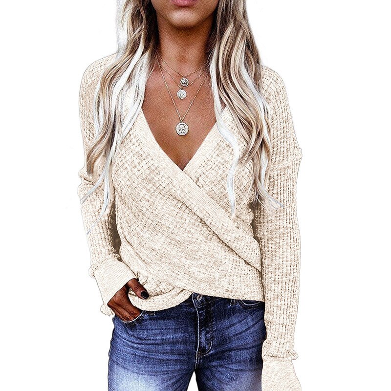 Women New Solid Cross-Type Deep Long-Sleeved Knitwear