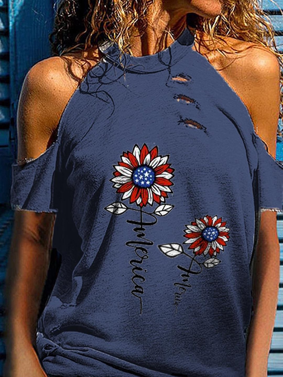 Floral Print Round Neck Off Shoulder Short Sleeve T-Shirt