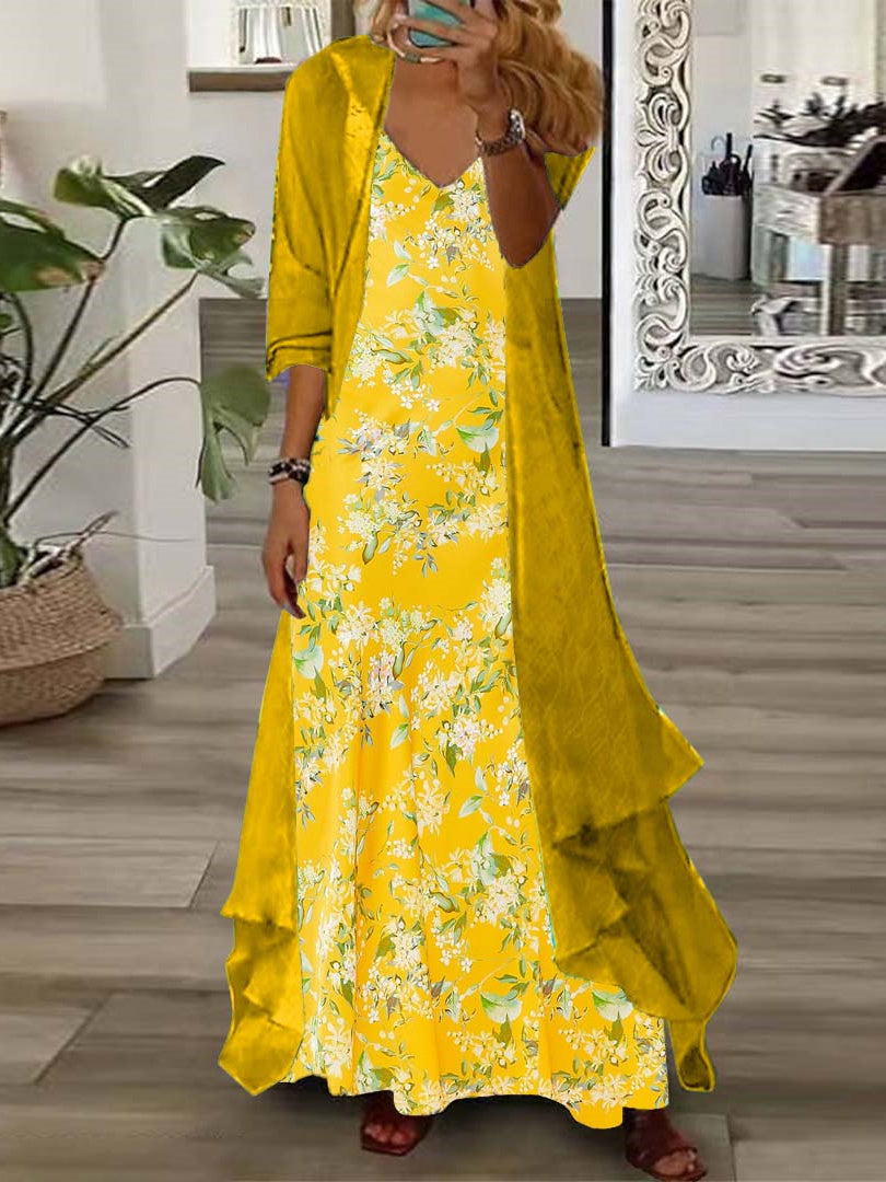 Women's Long Sleeve V-neck Floral Printed Two Pieces Maxi Dress