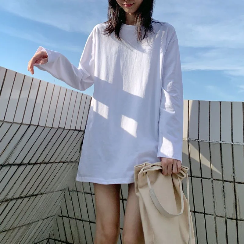 Toloer Toloer Long White Solid Color Outside Wear Long Sleeve Bottom T-Shirt Hoodie Lining Fold Wear Autumn Woman Loose-Outfit Ideas