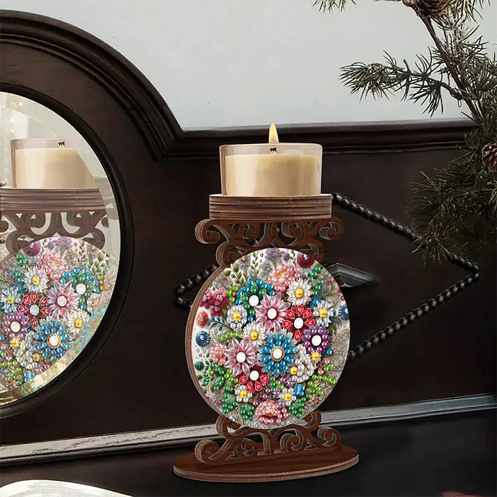 Wooden Diamond Painting Candle Holder Rhinestone Candlestick Decor (Flower)
