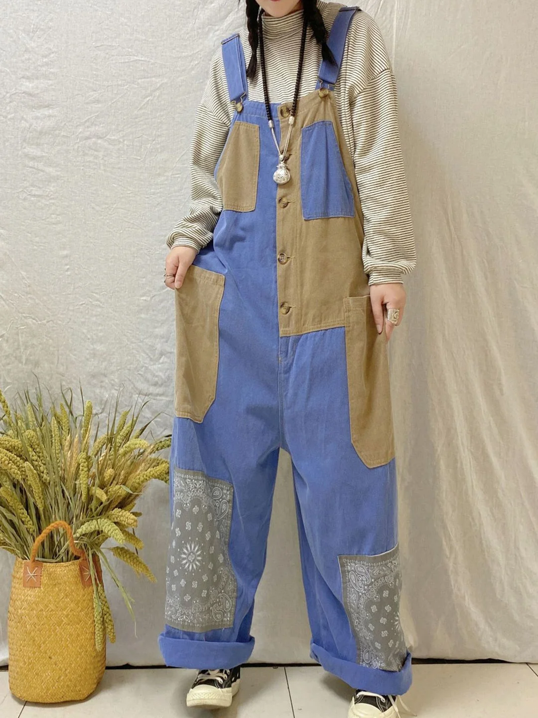 Women's Retro Washed Distressed Loose Colorblock Jumpsuit