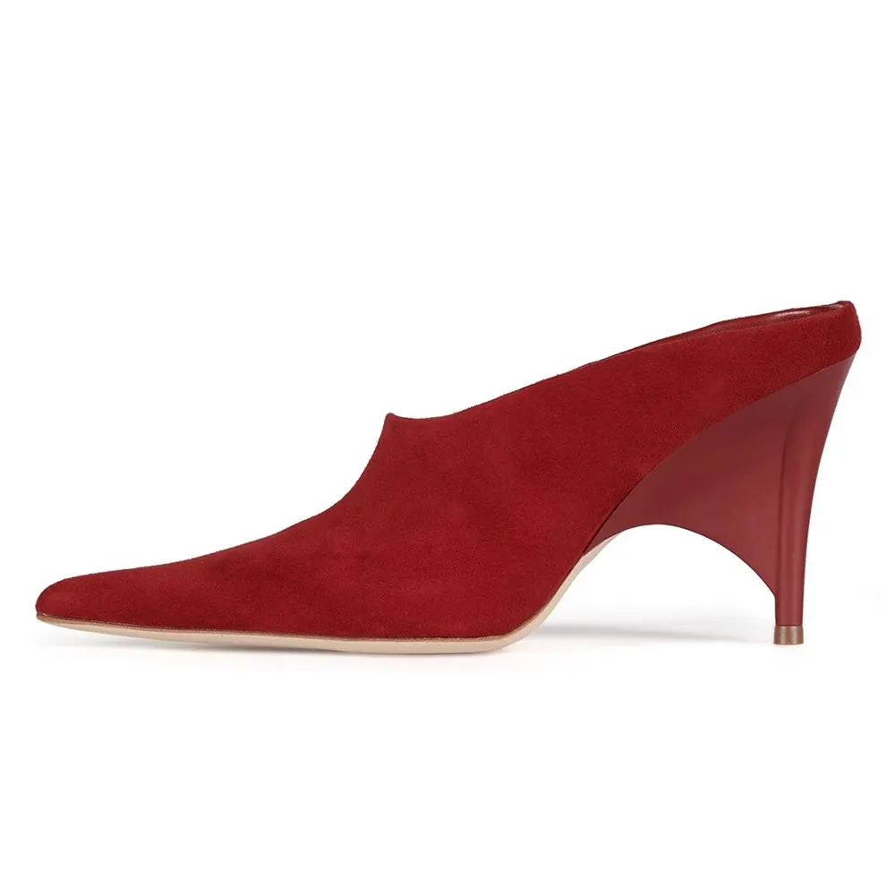 Red Vegan Suede Pointed Toe Sculptural Heel Mules for Women