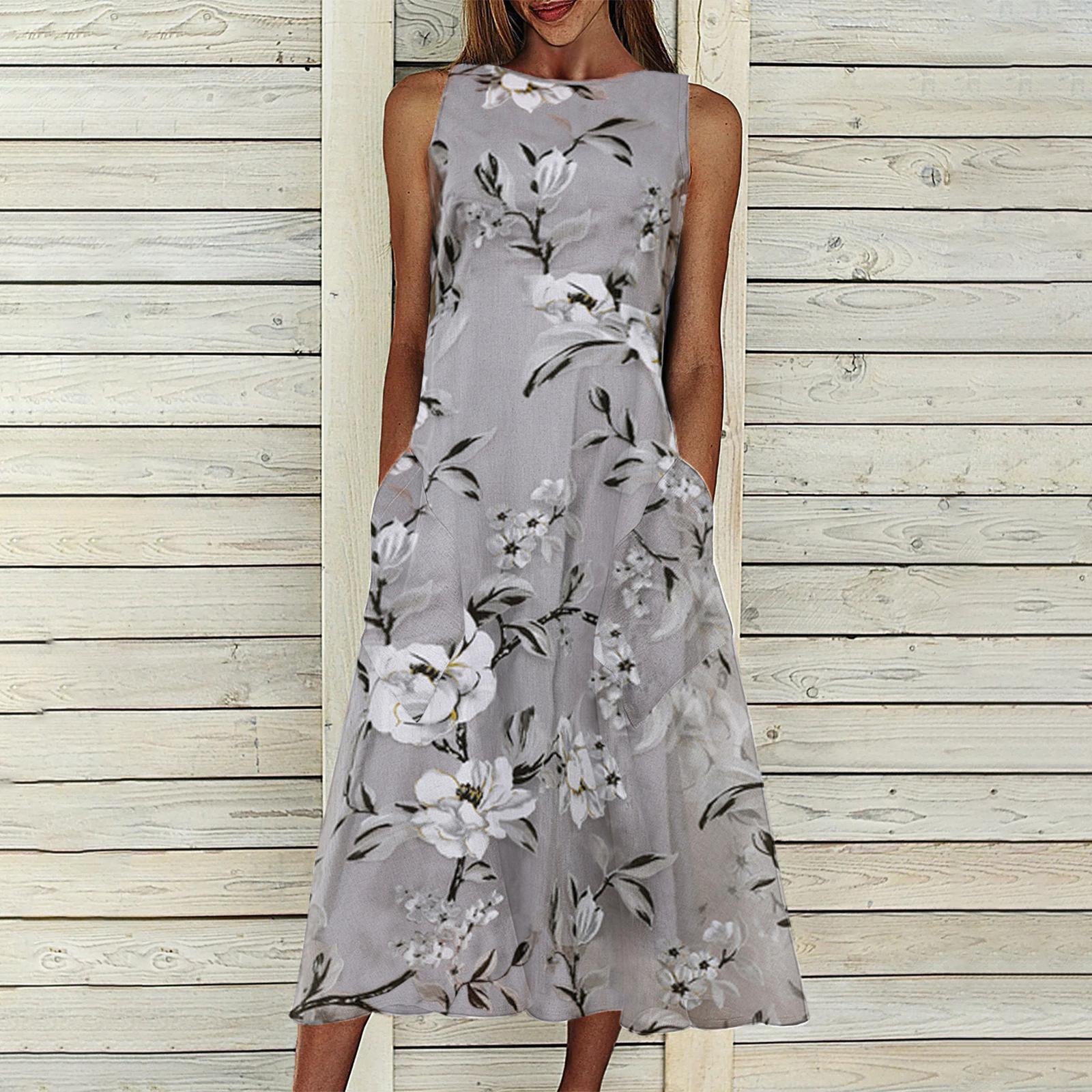 Mature Women Floral Tunic Round Neck Mid-length A-line Dress