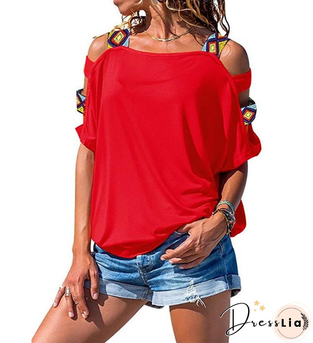 Women's Solid-colored Hollow Short-sleeved Off-the-shoulder T-shirt Top