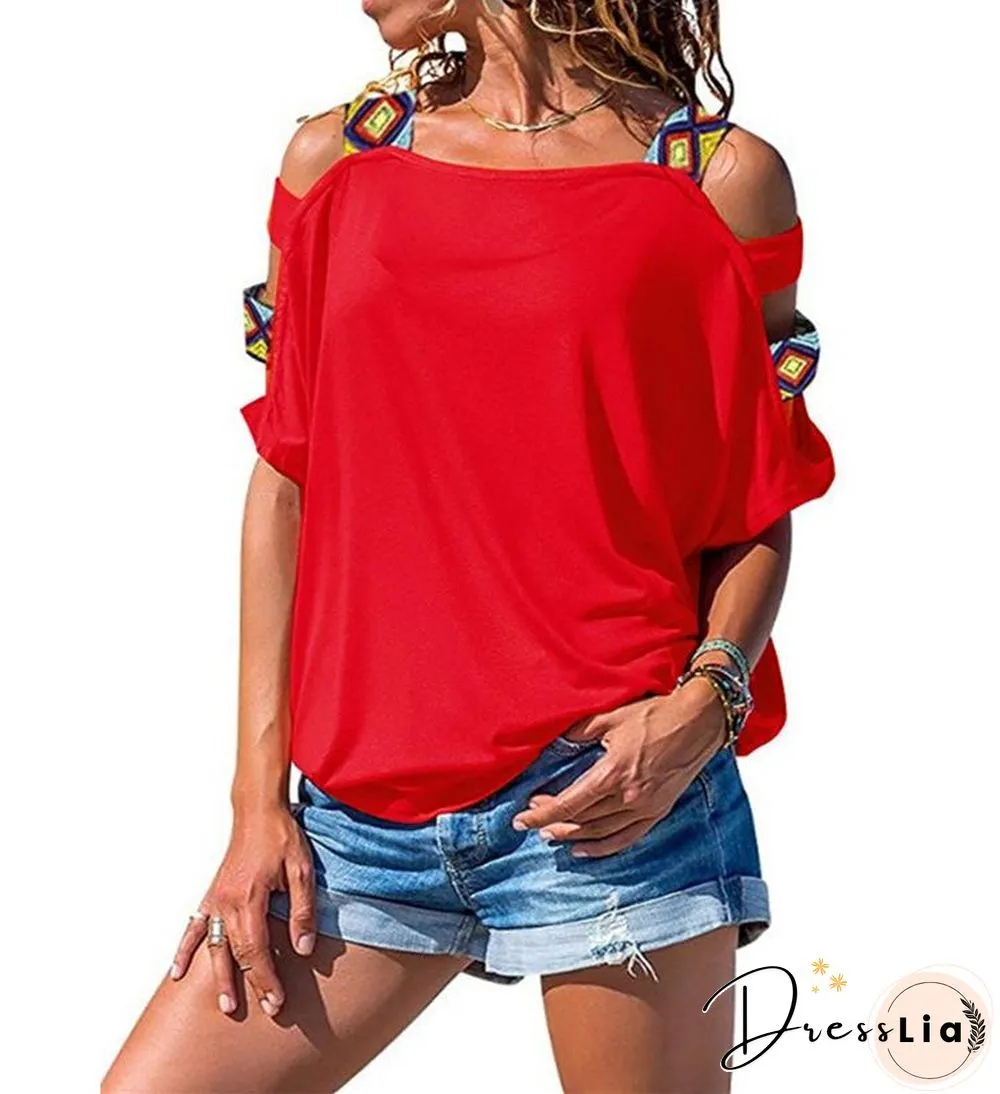 Women's Solid-colored Hollow Short-sleeved Off-the-shoulder T-shirt Top
