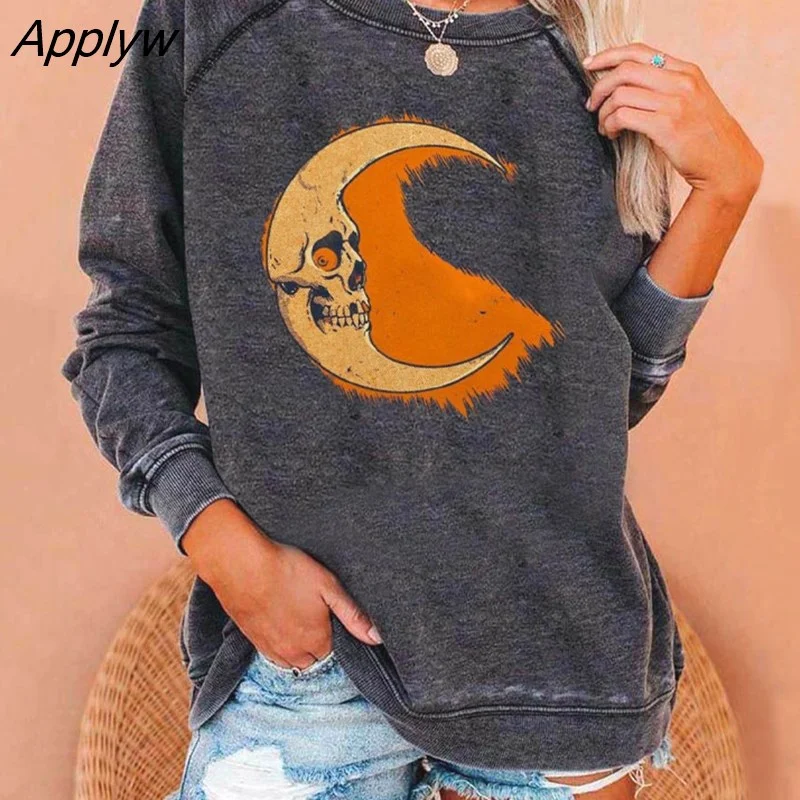 Applyw Printed Female Vintage Round Neck Sweatshirts Autumn Women's Clothing Fashion Casual Long Sleeve Loose Tops Pullovers