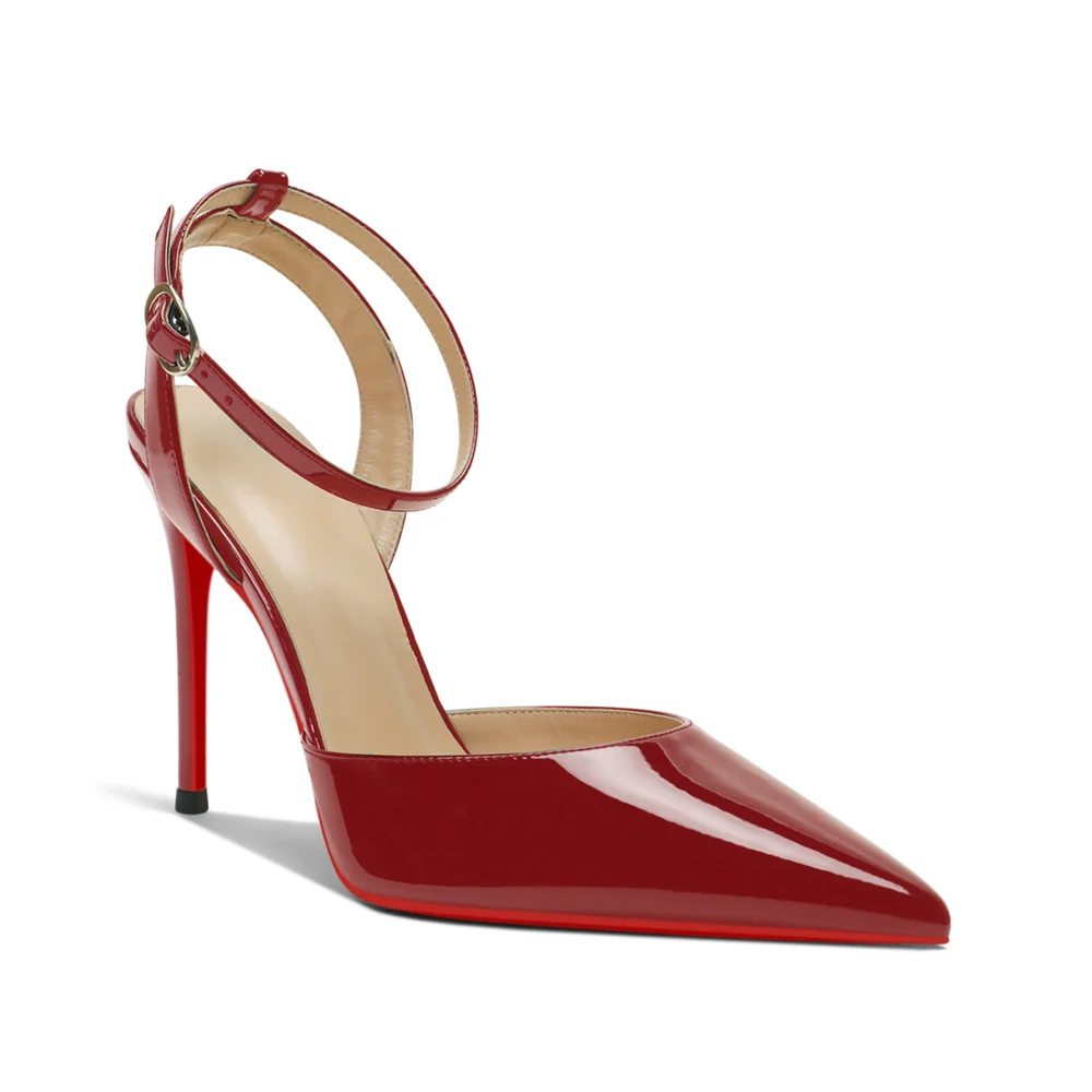 100mm Women's Slingback Ankle Buckle Pointed Toe Red Bottom Wedding Party High Heels-MERUMOTE