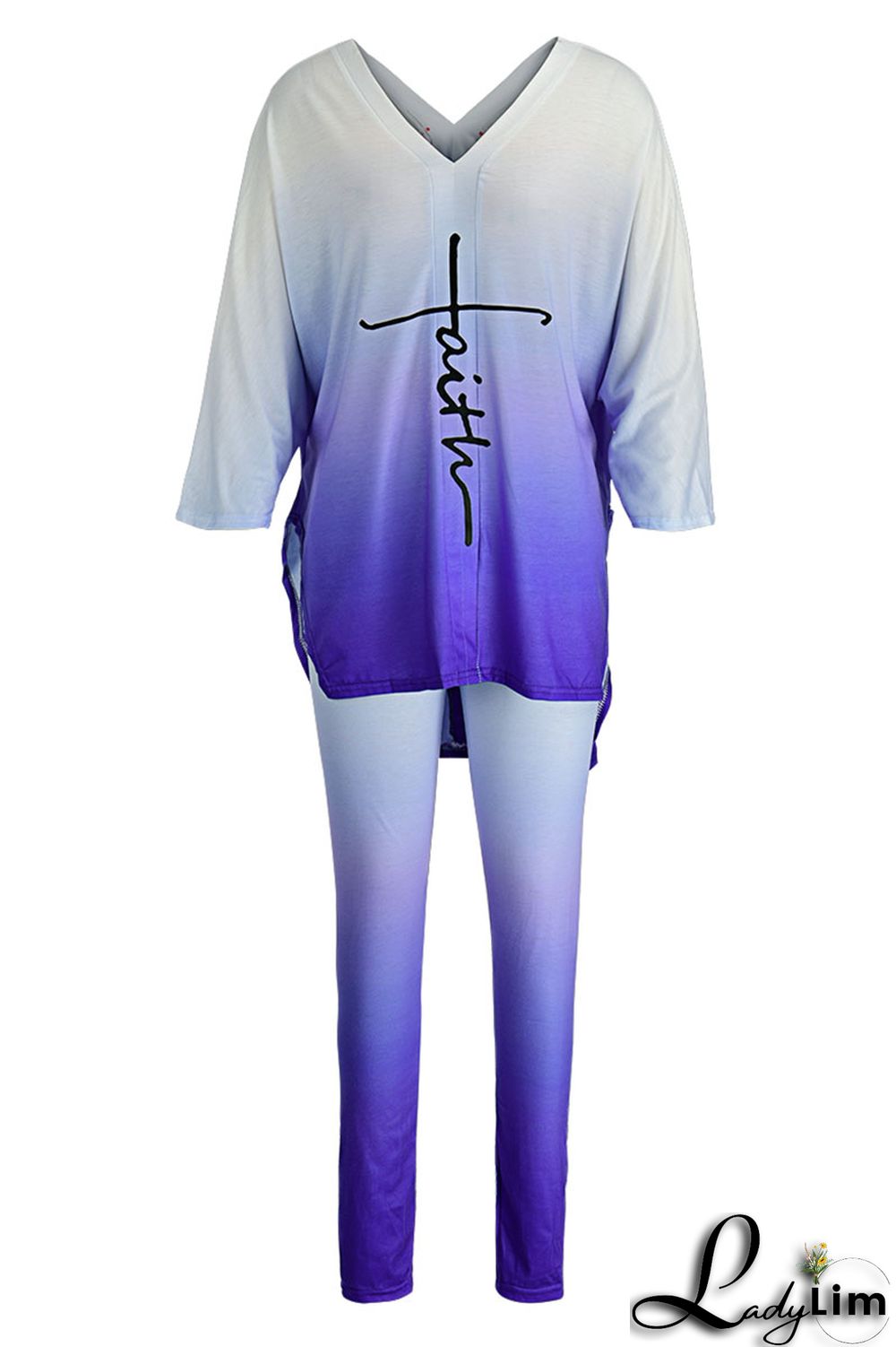 Black Casual Gradual Change Print Patchwork Slit V Neck Half Sleeve Two Pieces