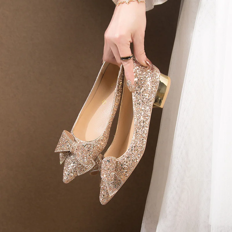 Churchf 2025 New Wedding Shoes Repair Shoes Fashion Fashion Wedding Bridesmaid Large Size Coarse Heel Single Shoelaces Diamond Women's Shoes