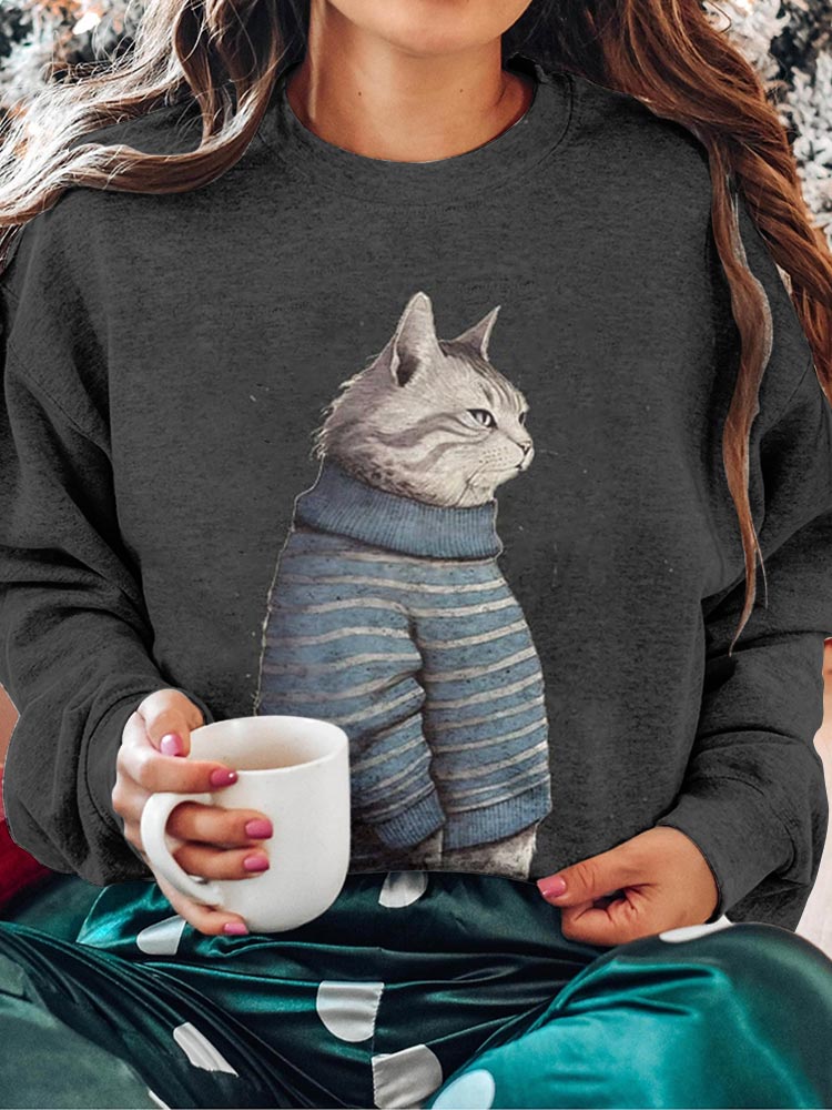 Cute Striped Sweater Cat Print Women's Casual Long Sleeve Sweatshirt