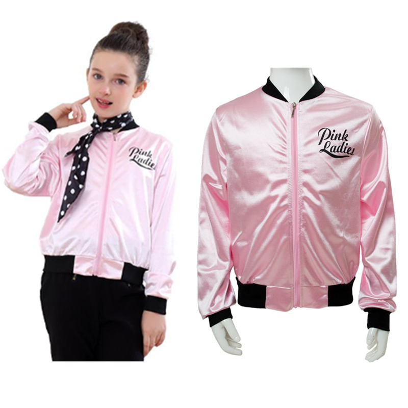 Kids Girl Movie Grease Pink Ladies Silks And Satins Jacket Coat Outfits Cosplay Costume Halloween Carnival Suit