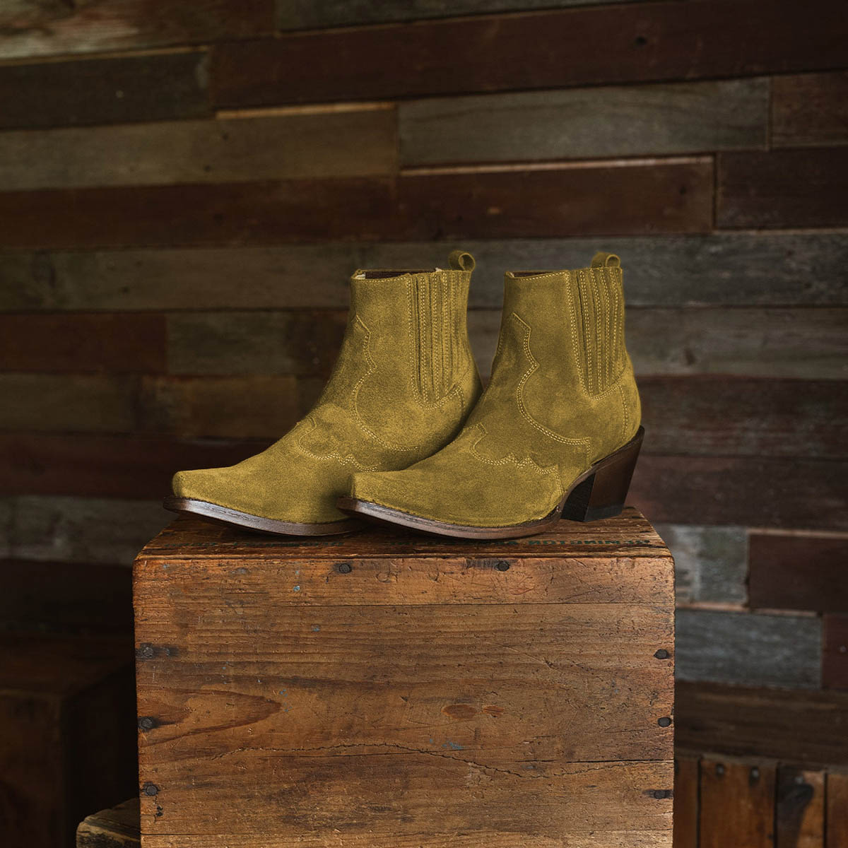 Olive Snip Toe Chunky Heel Elastic-Band Western Boots for Women Nicepairs