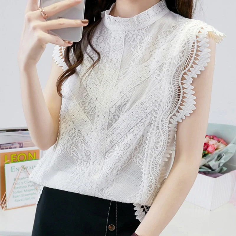 Summer Sleeveless Ruffle Women's Shirt Blouse for Women Women's Tops and Blouses Lace Sexy Shirts Ladie's Top Plus Size 14733