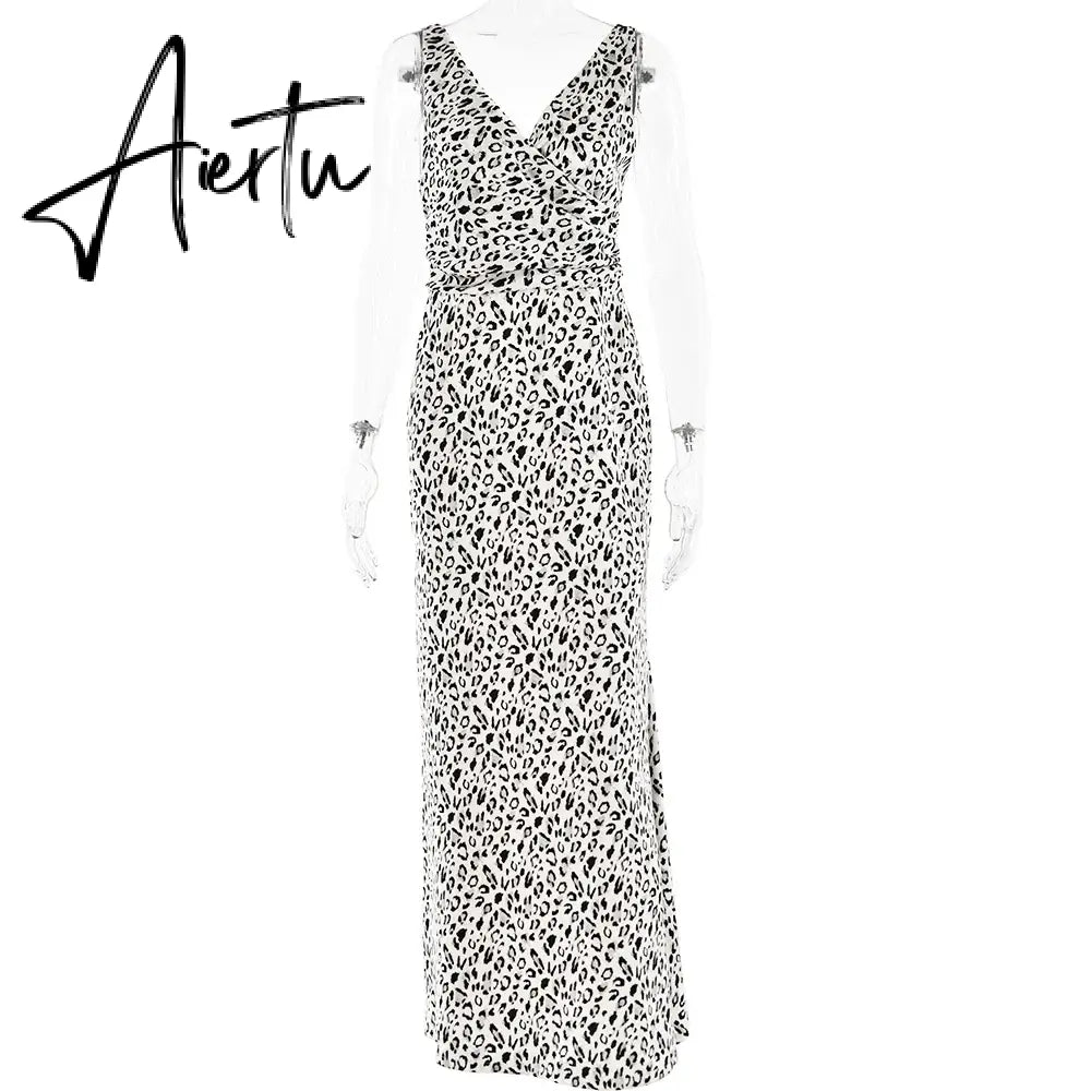 Elegant Deep V Neck Backless Slim Evening Long Dress Women Sexy Leopard Print Slip Maxi Dress Party Clubwear new Aiertu