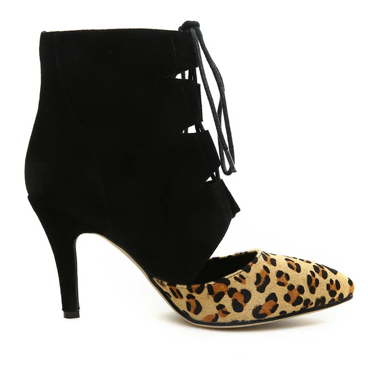 Leopard Print Lace-up Stiletto Heel Pointy Toe Boots Vdcoo