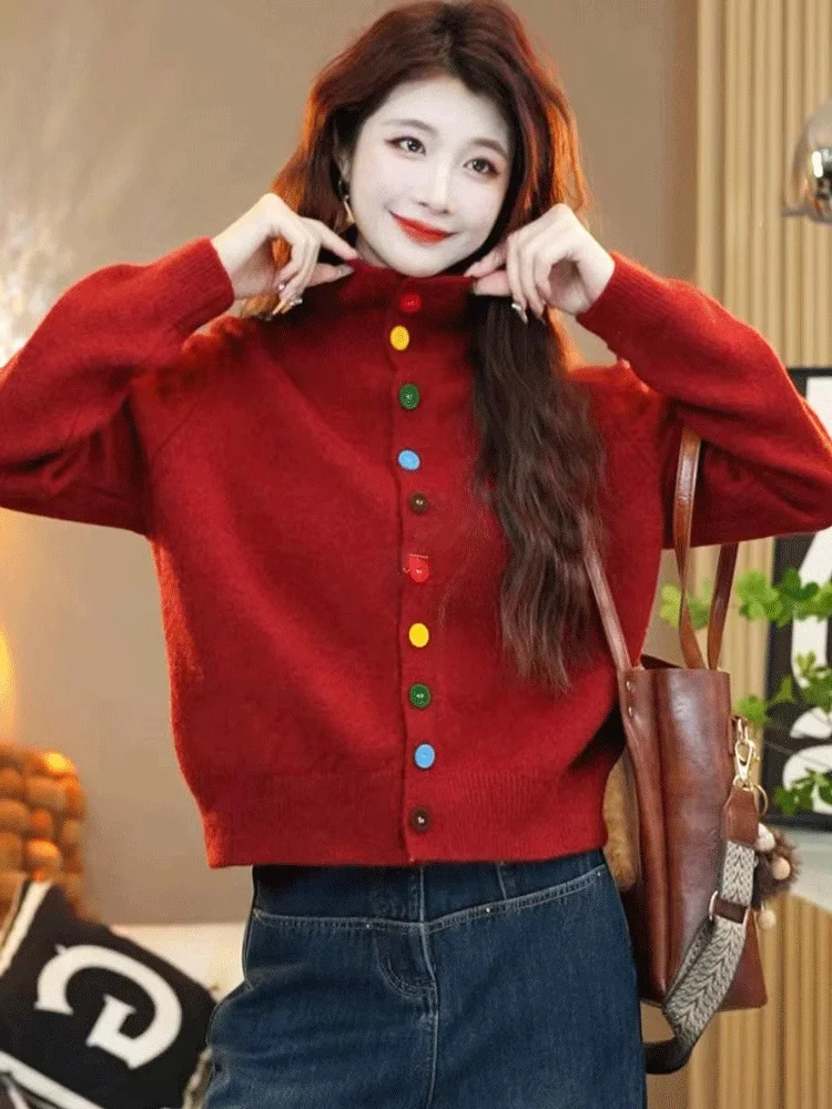 Athvotar Athvotar Goods Color Single Row Buckle Long-Sleeved Top Women Soft Glutinous Comfortable Warm Autumn And Winter Thin Thick Sweater Cardigan