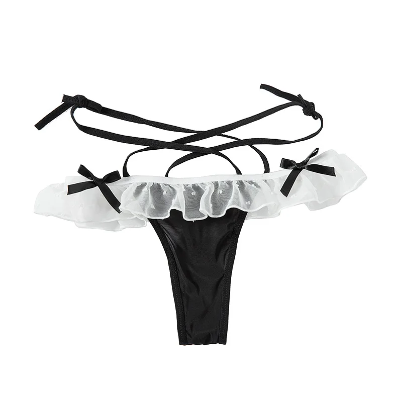 Billionm Maid Cosplay Hot Thong Lace Waist Hollow Bow T Pants Female JK Panties Sexy Lingerie Low Waist Slut Wave Point Perspective