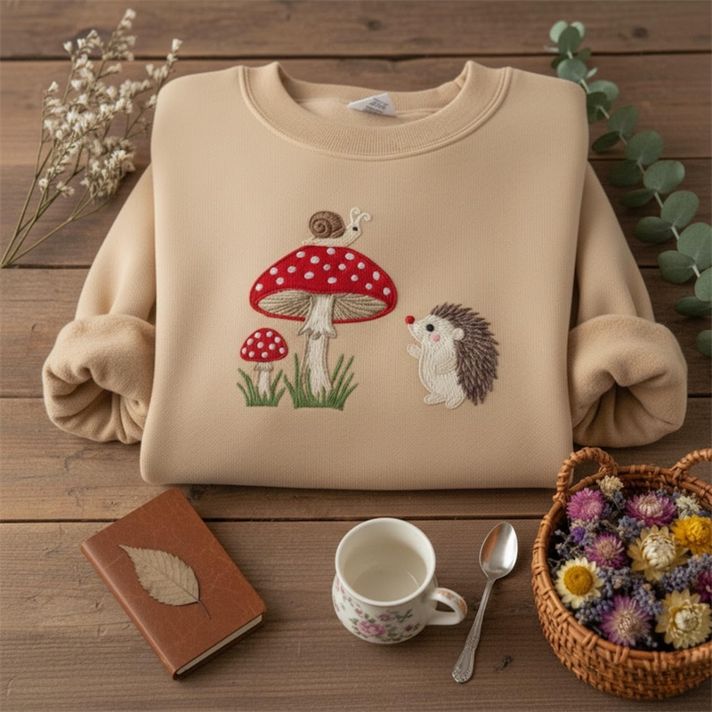 Embroidered Hedgehog Snail Mushroom Sweatshirt wearshes