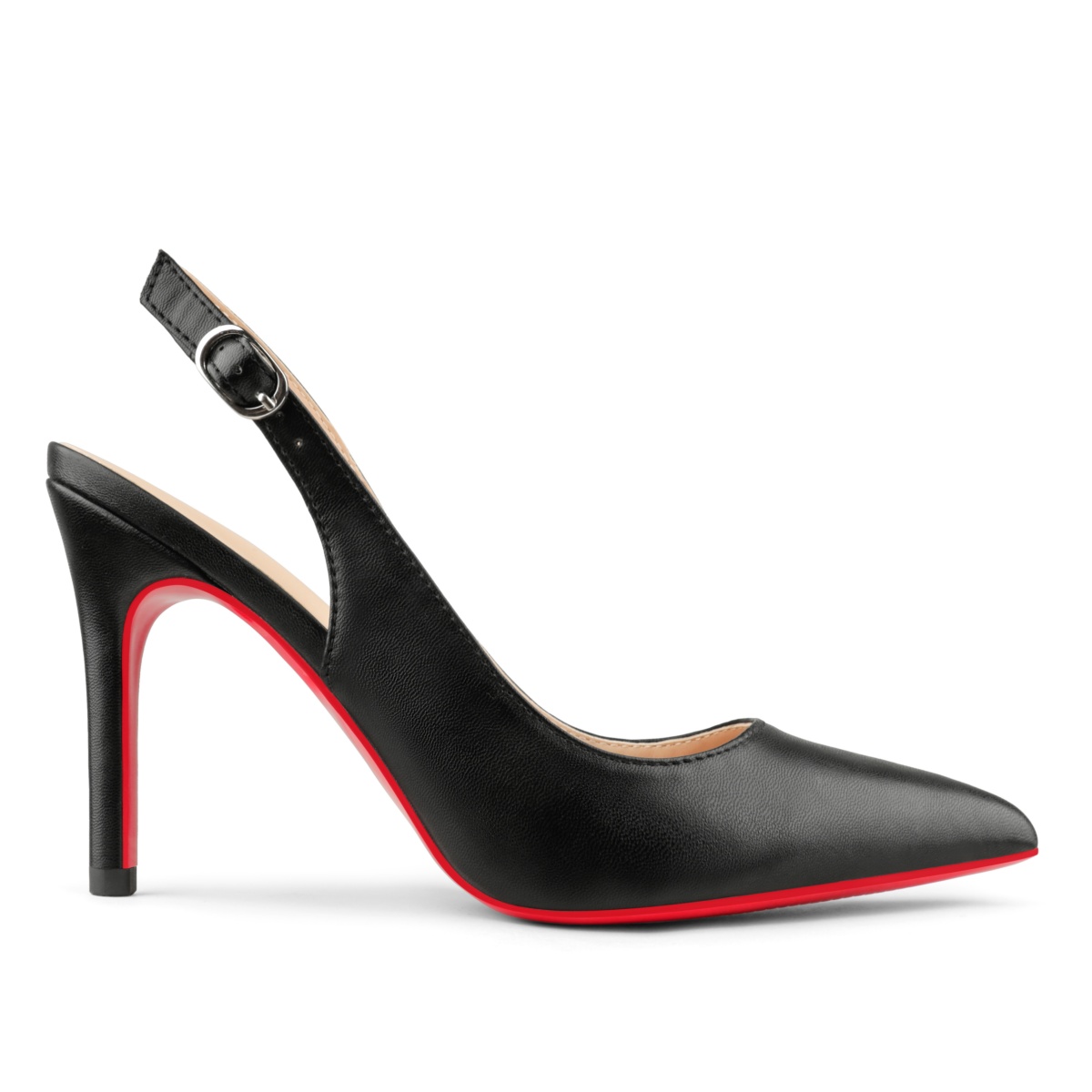 90mm Slingback Pointed Toe High Heels, Red Bottom Stiletto Pumps with Adjustable Ankle Buckle-MERUMOTE