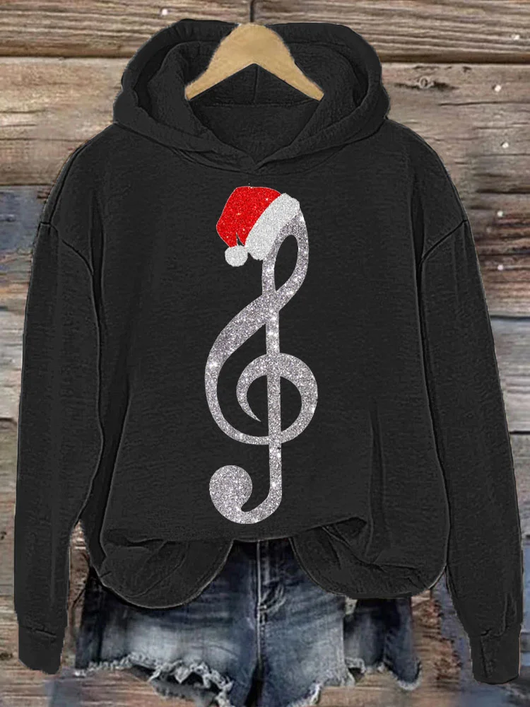 Comstylish Christmas Hat Music Notes Print Casual Cozy Hoodie