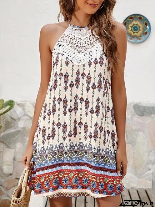 Vintage Printed Lace Stitching Bohemian Dress for Women
