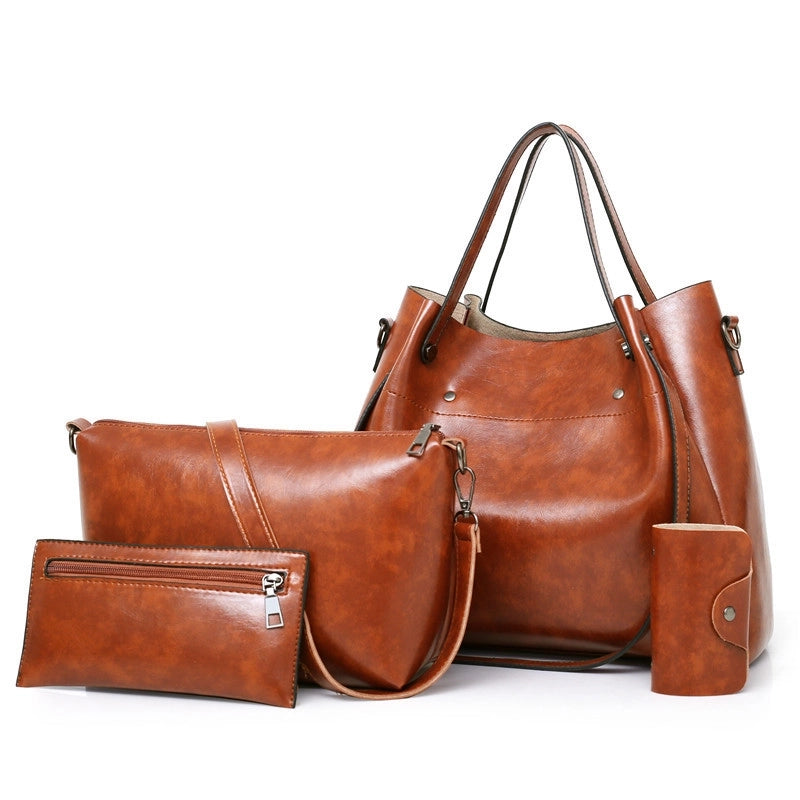 Women's Large Pu Leather Solid Color Vintage Style Classic Style Bucket Zipper Bag Sets2