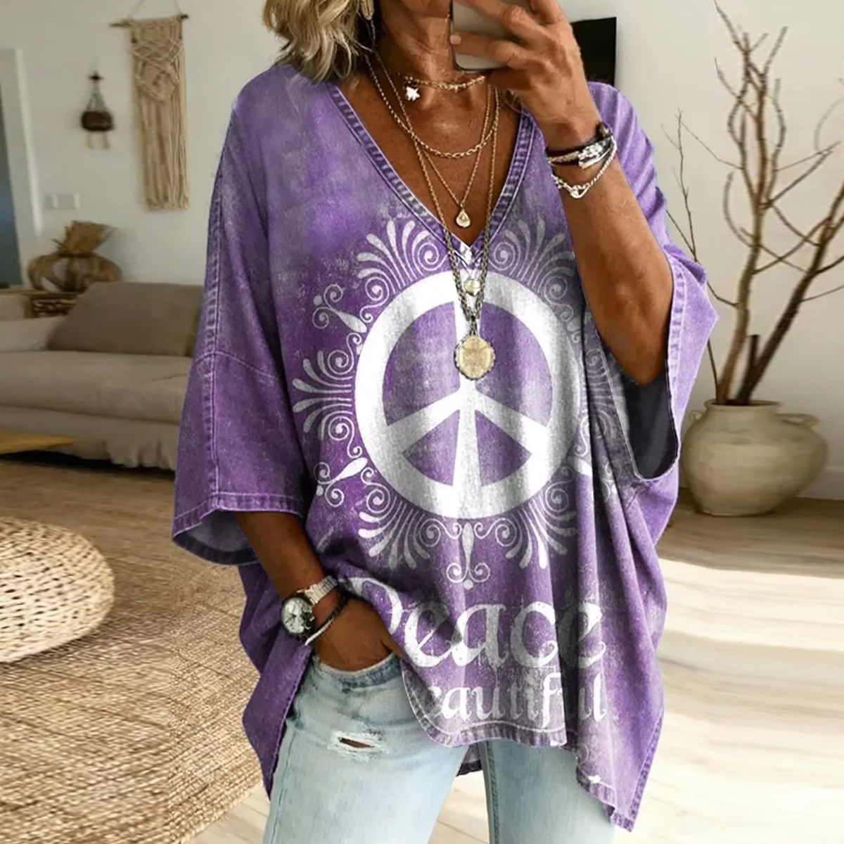 Women's Hippie-style "beauty Of Peace" Print V-neck Loose-fit Top elevenforest