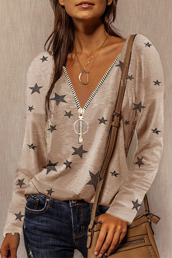 Casual Letter Zipper V Neck Tops(6 Colors) - Life is Beautiful for You - SheChoic