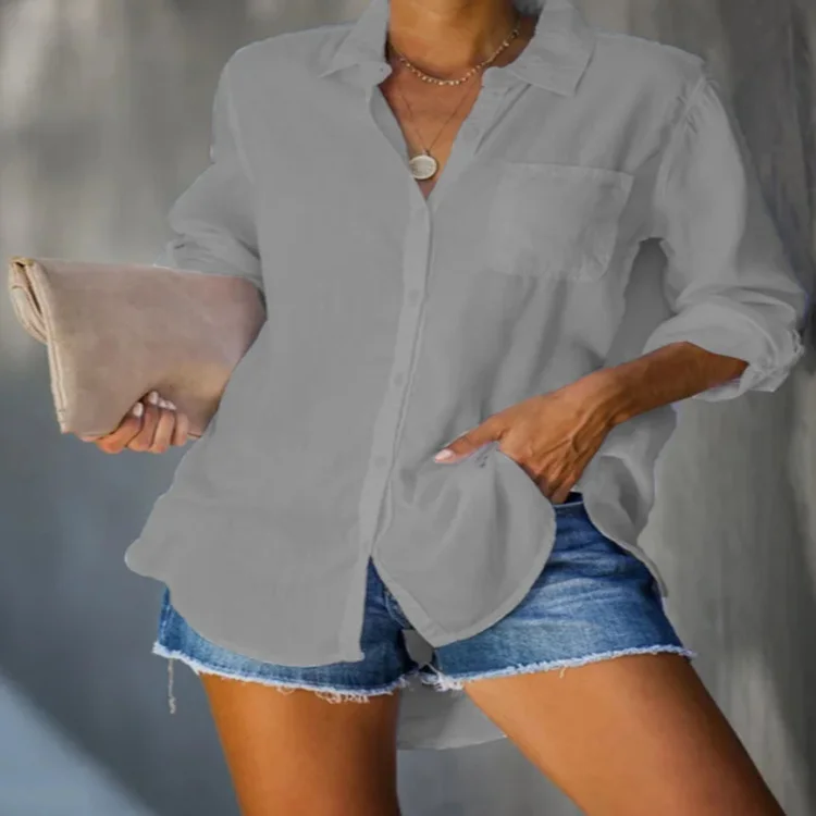 Loose Lapel Collar Solid Color Long Sleeve Cardigan Shirt - yankia