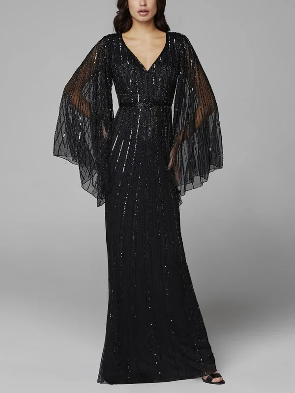 V-Neck Lace Sequins Maxi Dress