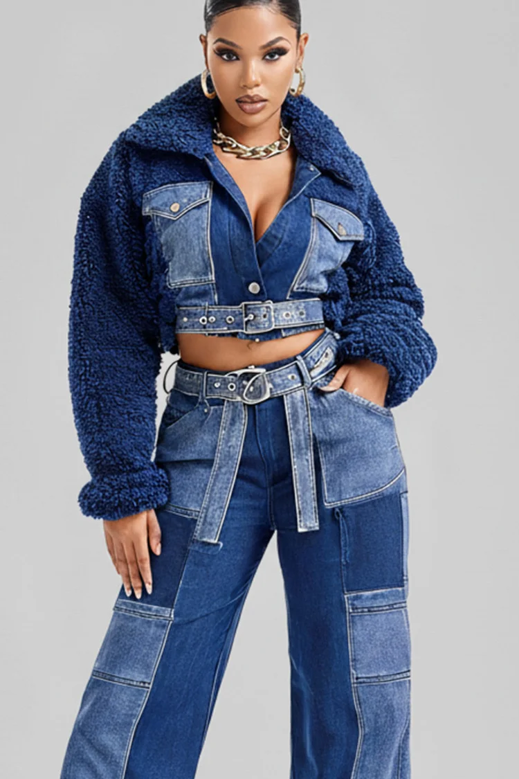 Xpluswear Design Plus Size Party Fleece Blue Colorblock Turndown Collar Long Sleeve Pocket Casual Contrast Denim Two Piece Pant Sets [Pre-Order]