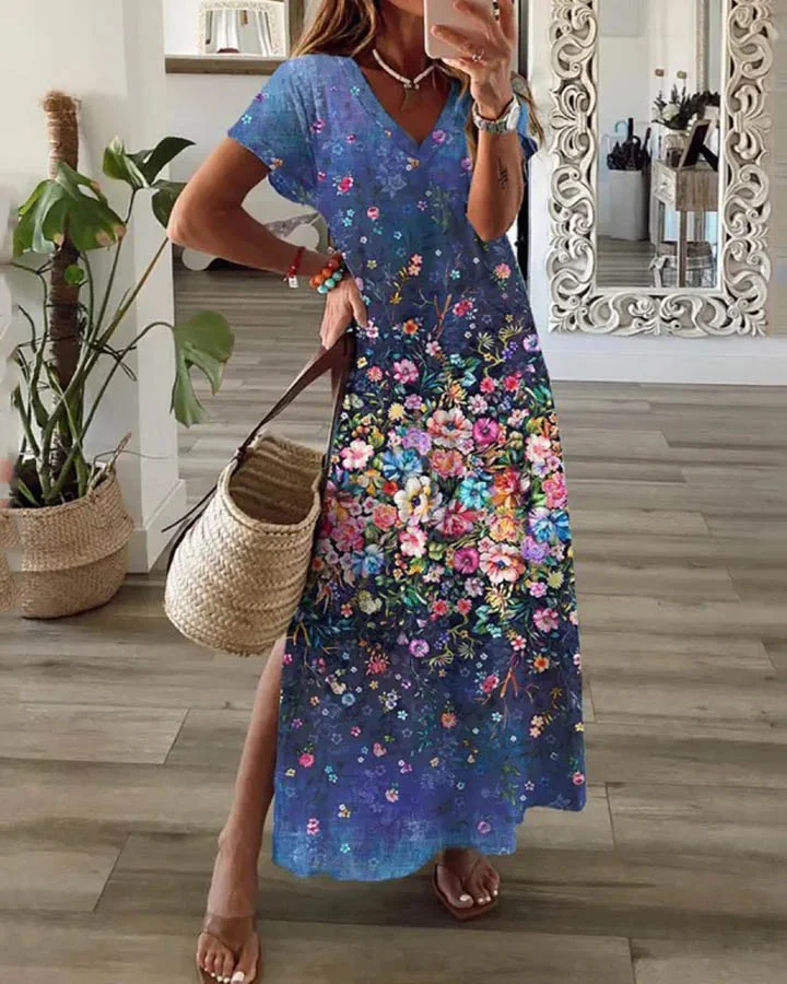 Ladies V Neck Casual Loose Floral Print Short Sleeve Dress