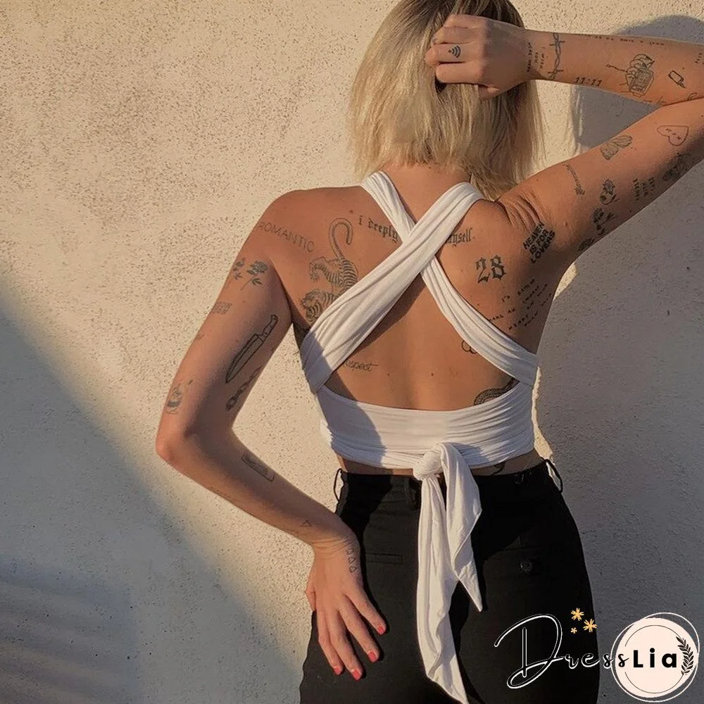 Neck Tube Top Vest Female Tide Ropa De Mujer Y2k T Shirt Harajuku Fashion Sexy Hollow Out Bandage Crop Tops Women