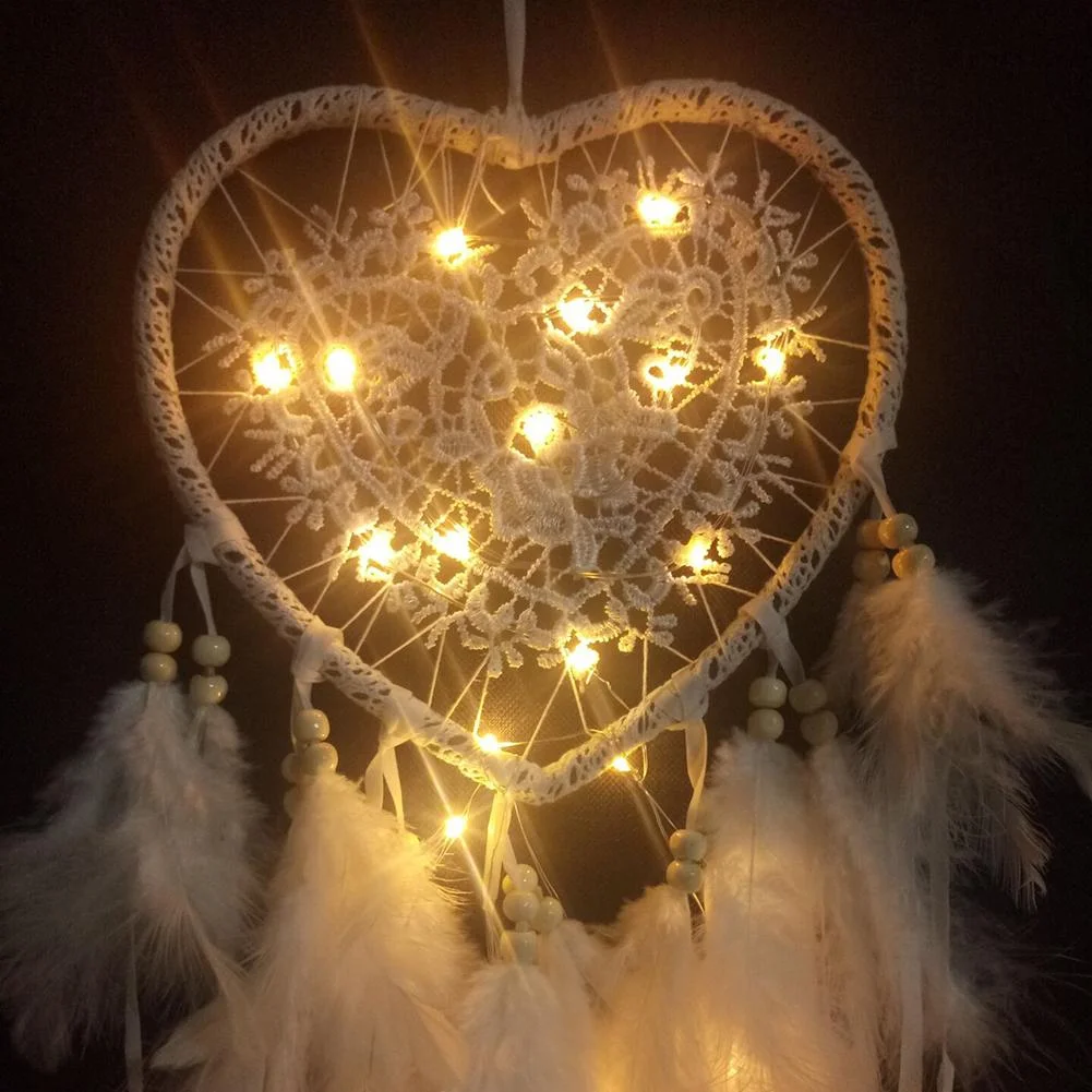 Heart Dream Catcher LED Light Feathers Wall Hanging Dreamcatcher (White)