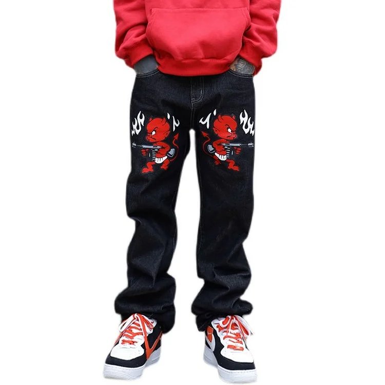 Streetwear Retro Y2K Little Devil Men's Jeans at Hiphopee